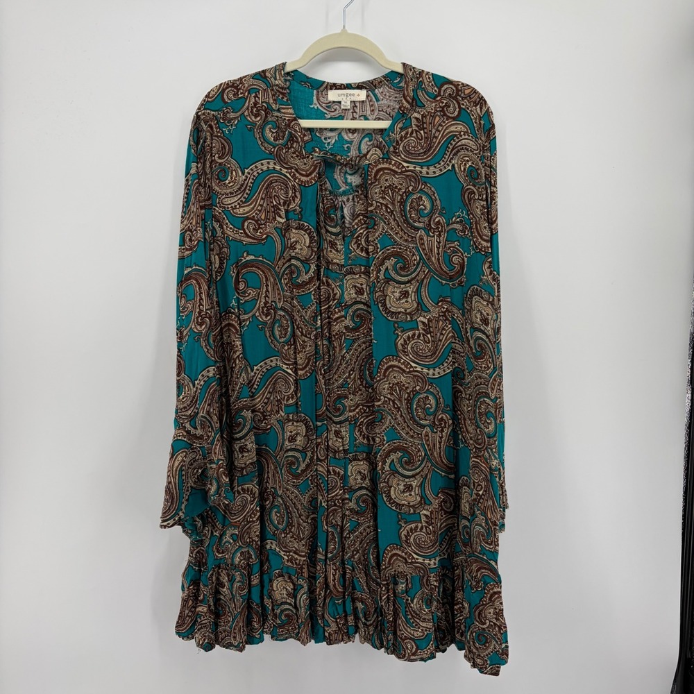 Umgee Womens 1XL Teal Paisley Tunic Dress Ruffle Bell Sleeve WA2666